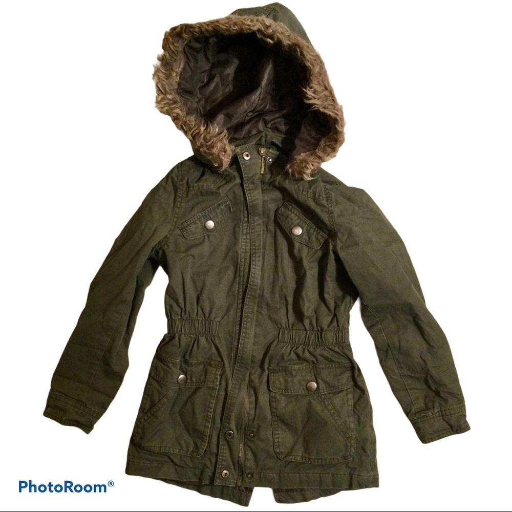 J2 Army Green Jacket With Faux Fur Trim Hood.